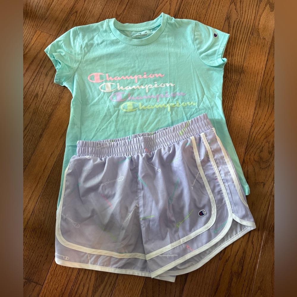 Champion Aqua Tee and Lavender  Shorts Set, New, Big Kids Large